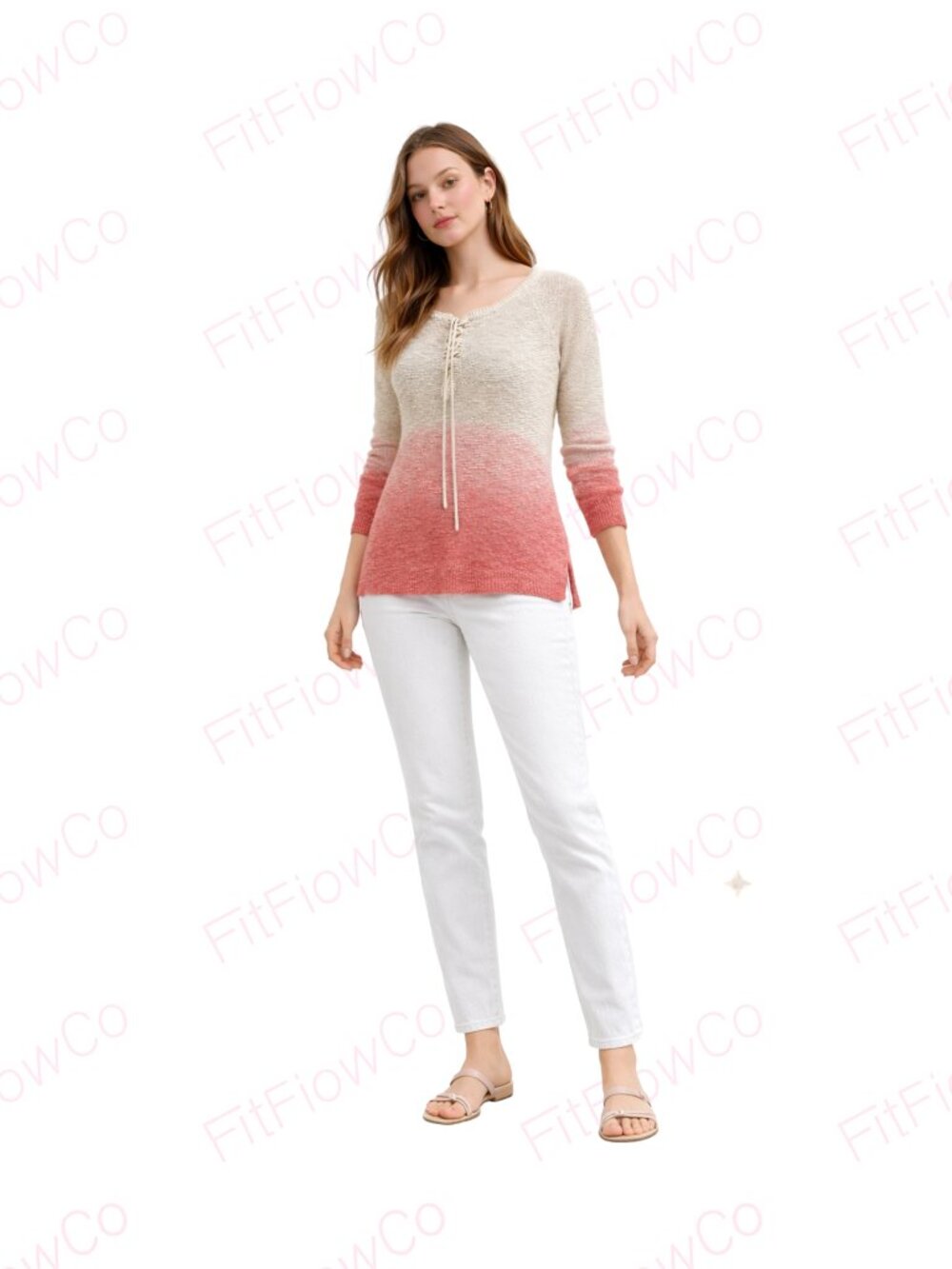 Olive & Oak Ombre Knit Sweater Pink Cream Lace Up Hi Low Lightweight S